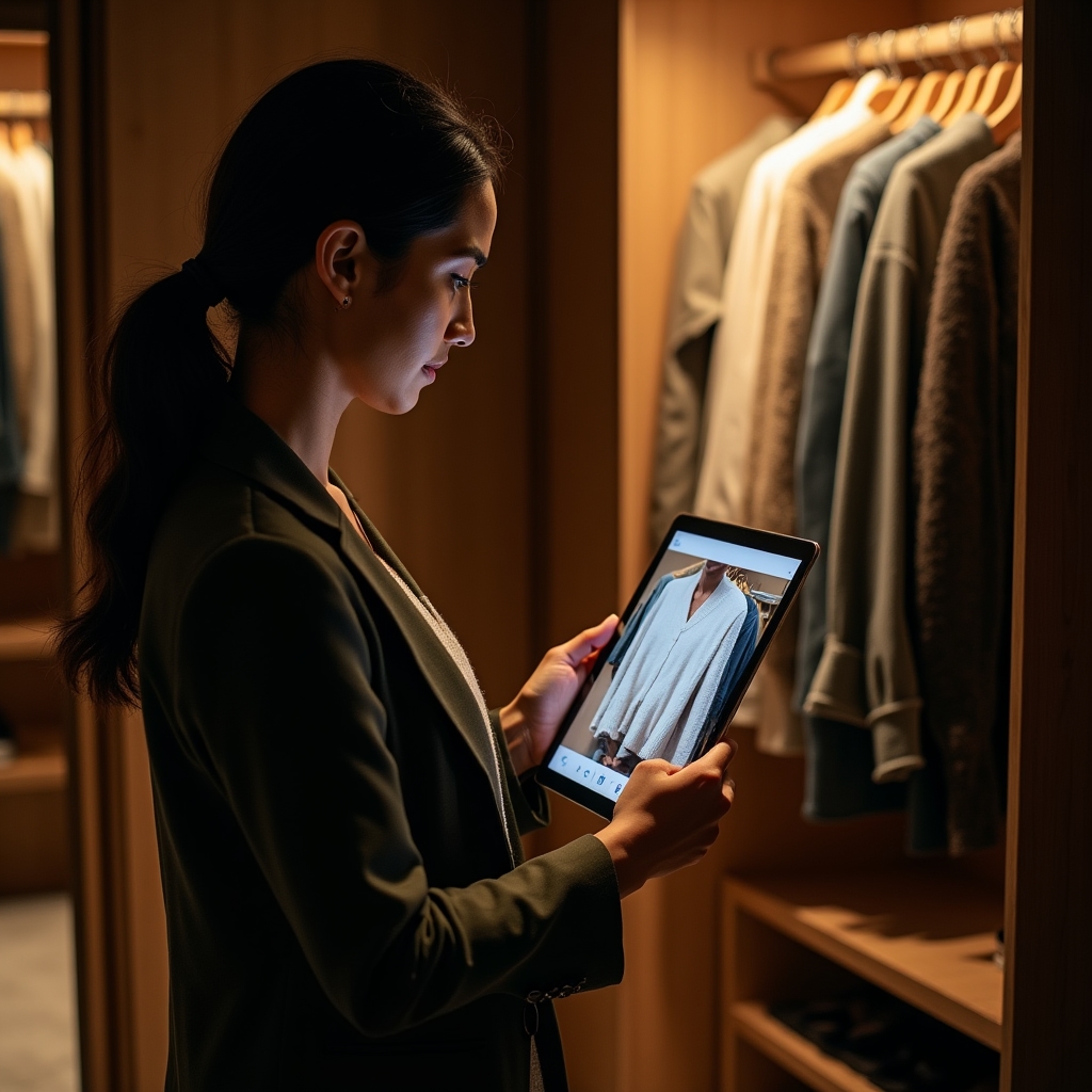Consulente che cataloga capi di abbigliamento con tablet